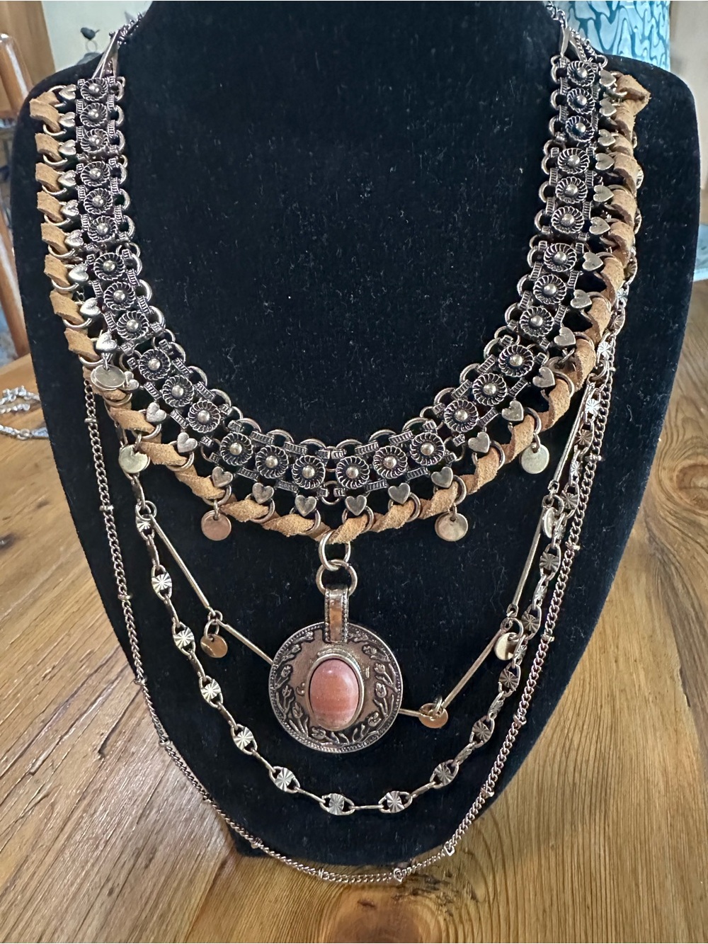 Free People Layered Bohemian Necklace with Pink Stone Pendant
